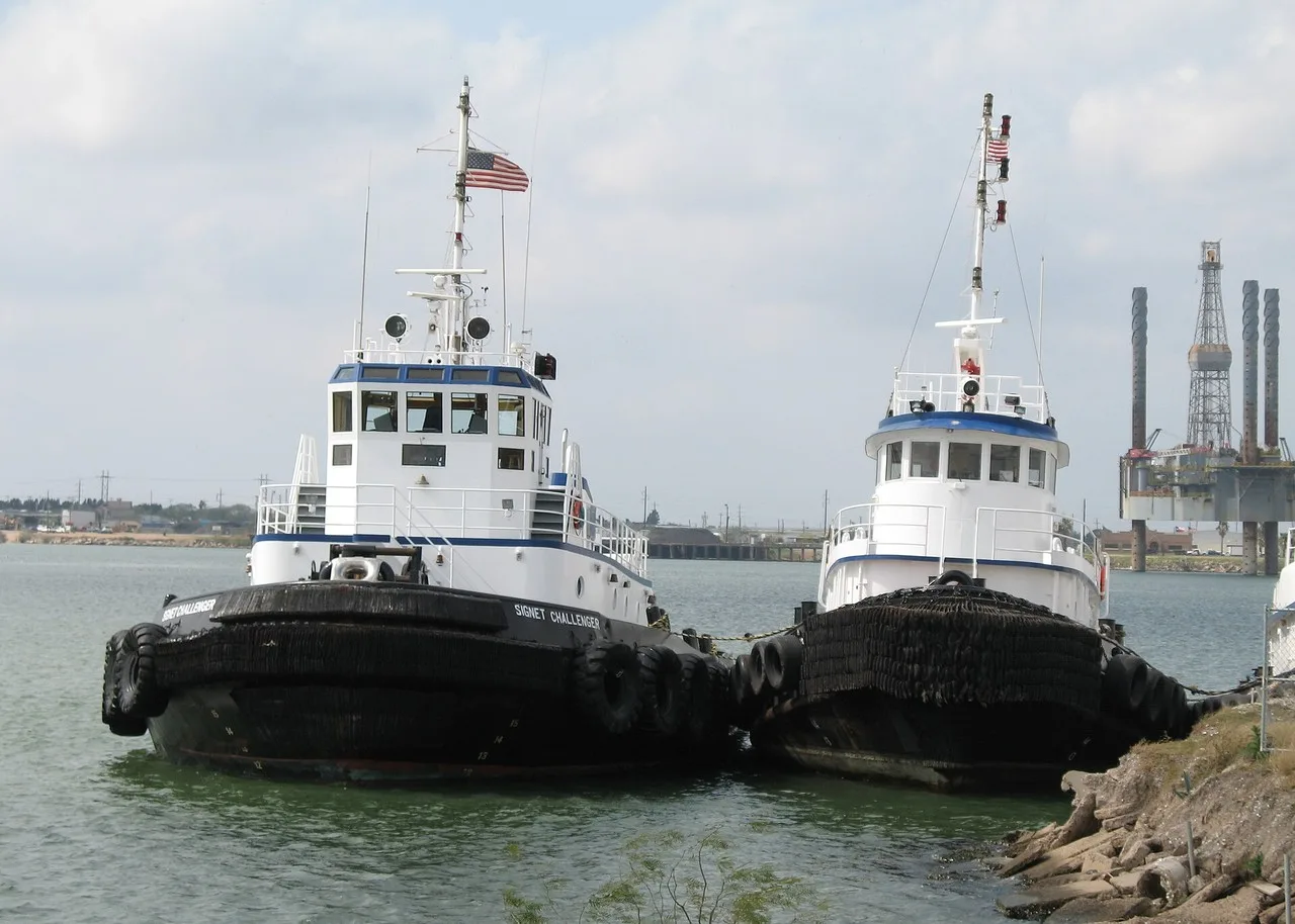 The tugboats Signet Challenger and Signet Courageous tied up on the Brownsville Ship Channel at the Port of Brownsville, with an offshore drilling rig in the distance at the right