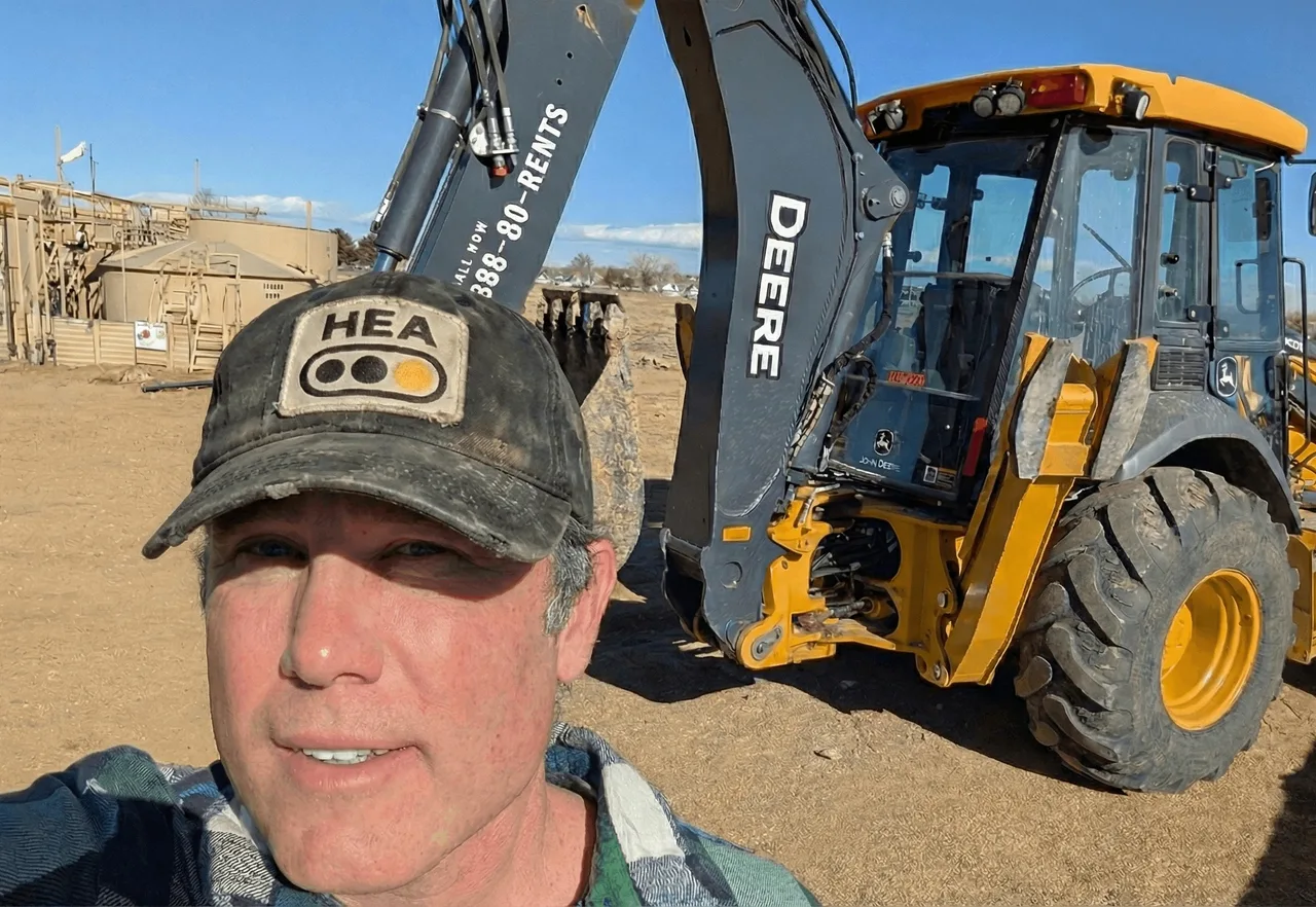 The appraiser in a worn HEA cap in front of a yellow and gray John Deere backhoe loader on bare ground.