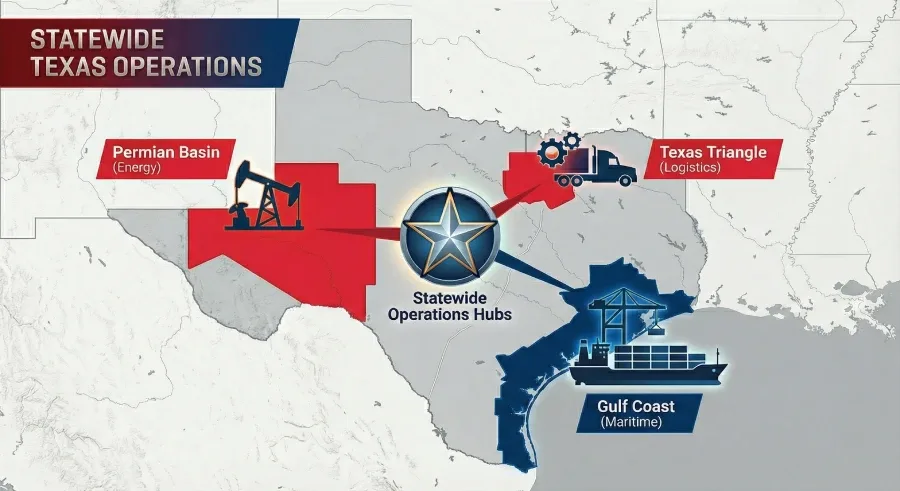 Map of Texas showing the Permian Basin, the Gulf Coast and the Texas Triangle