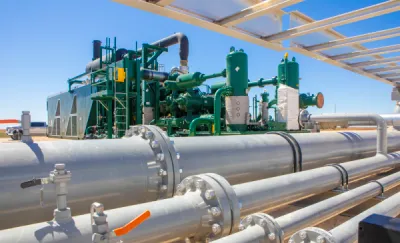 Green skid-mounted natural gas compressor packages and grey piping manifolds under a sunshade in the Permian Basin, representing typical midstream oil and gas assets requiring heavy equipment appraisal in West Texas.
